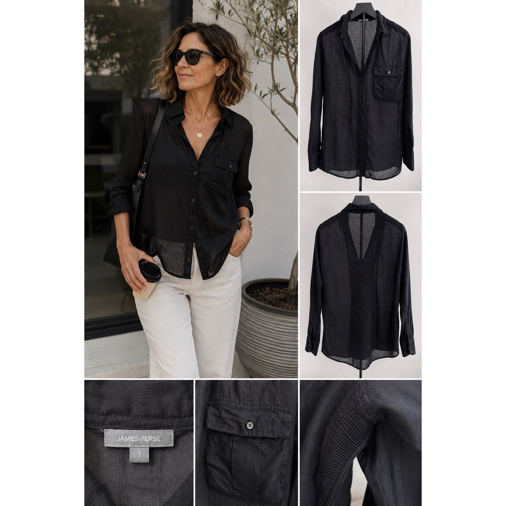 James Perse Sz 1 (S)Black Button Down Shirt Slub Cotton Preppy Minimalist Blouse